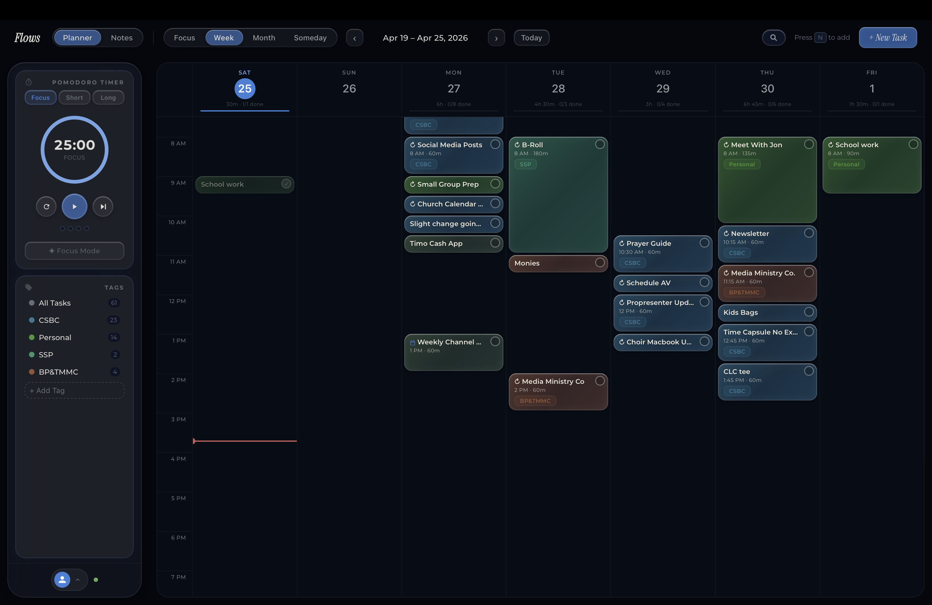 Flows desktop app showing the week view with color-coded tasks, timer, and tags