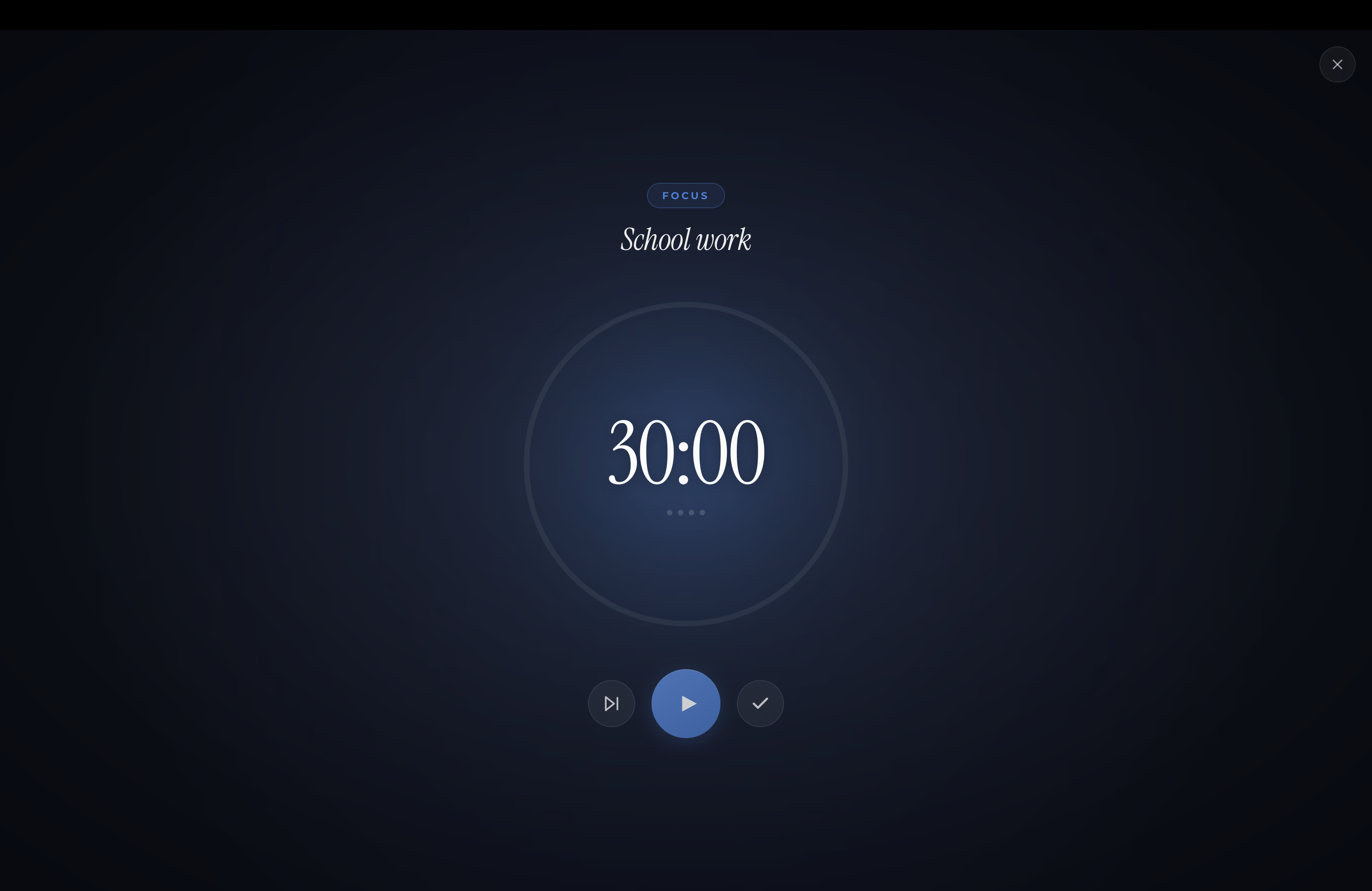 Focus mode with animated Pomodoro timer ring