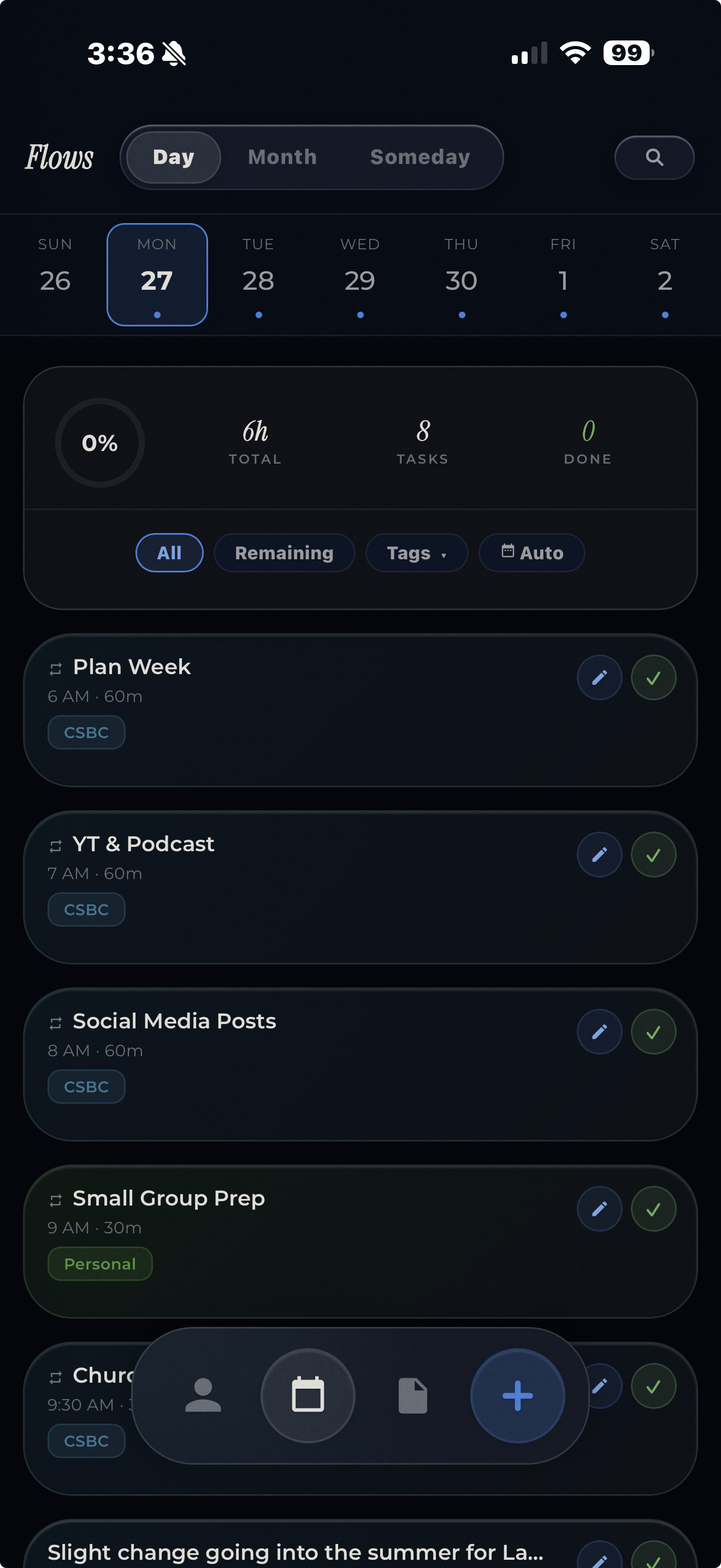 Flows mobile app showing the day view with task queue and focus card