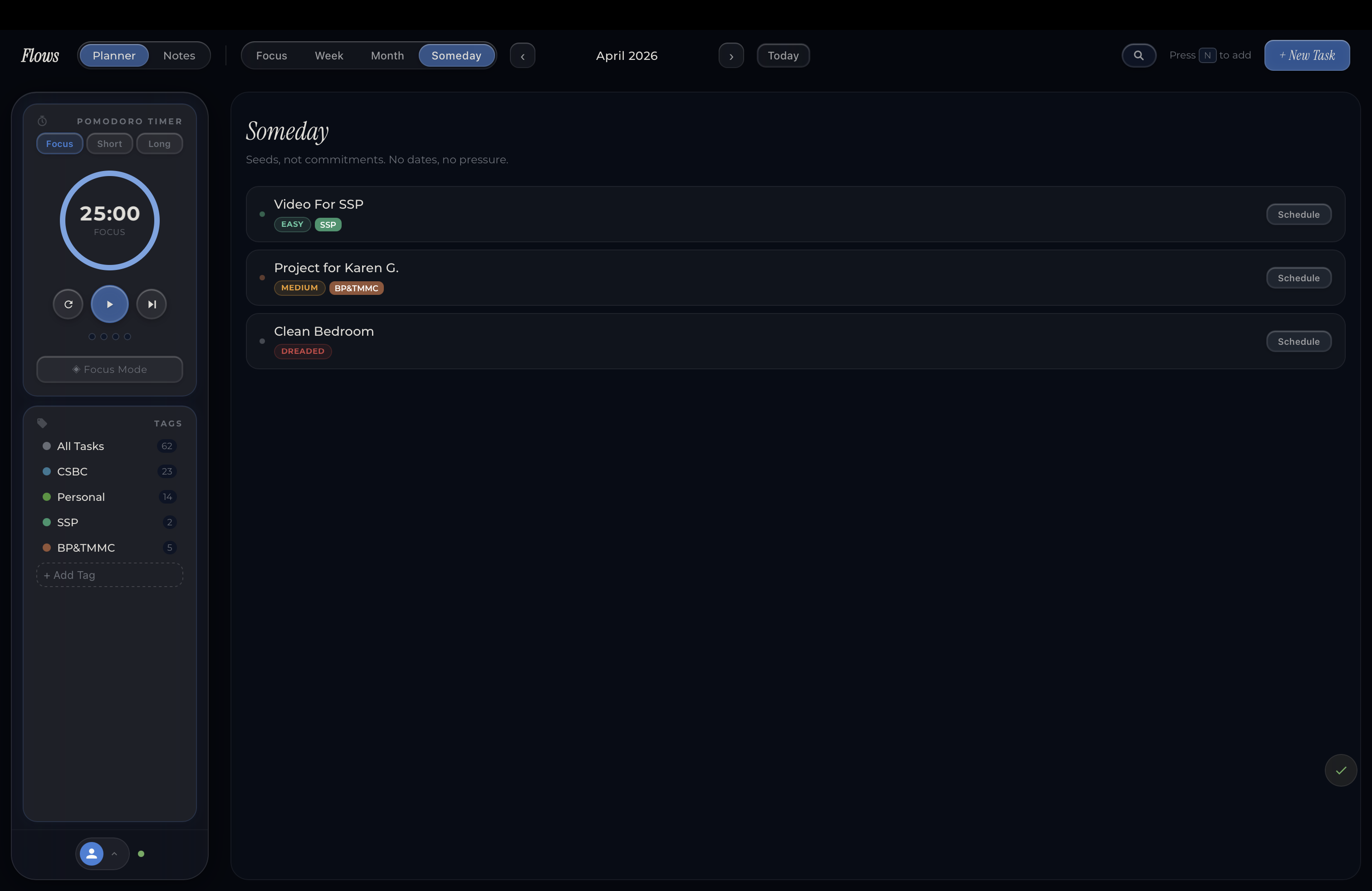 Someday list view for storing ideas without deadlines